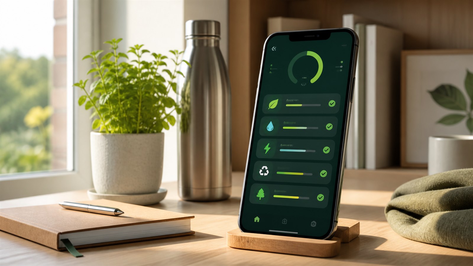 Phone displaying sustainability progress beside a reusable bottle, notebook, and herb plant