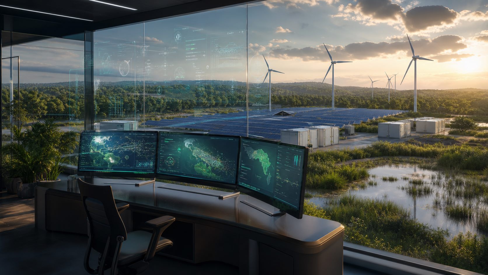 Clean energy control room monitoring weather, renewables, storage, and ecosystems