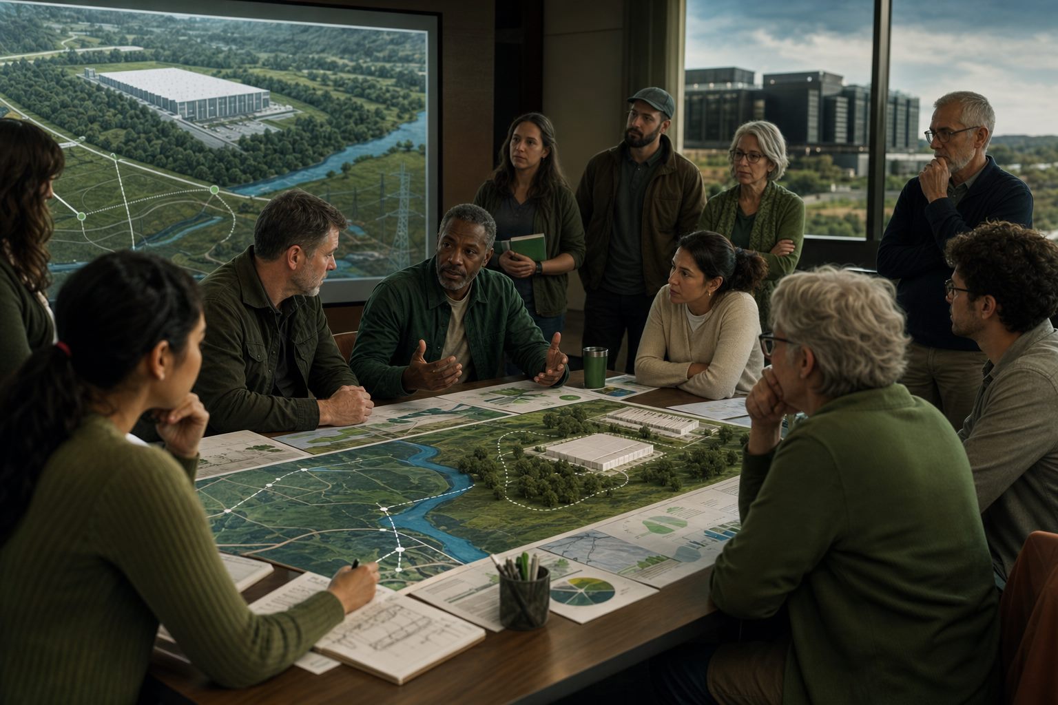 Residents reviewing a proposed data center site map and local impacts
