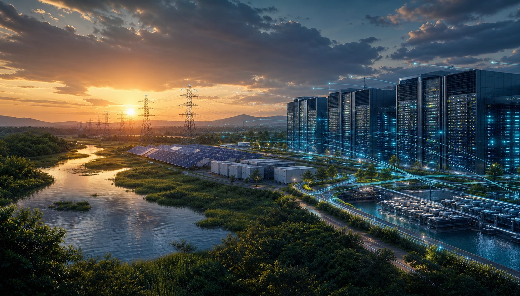 AI data center campus with water, clean energy, and grid infrastructure