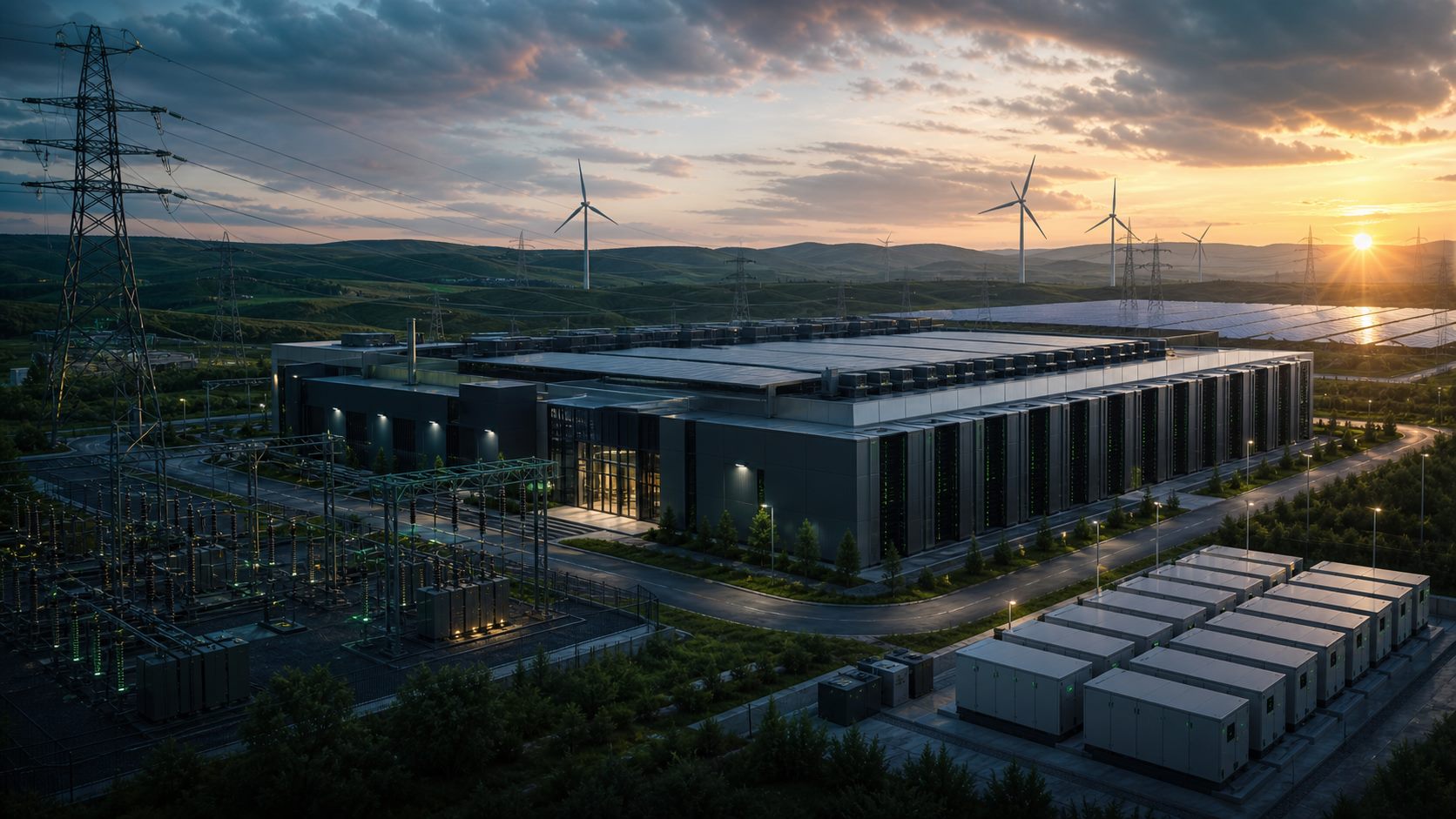Large AI data center campus connected to substations and transmission infrastructure
