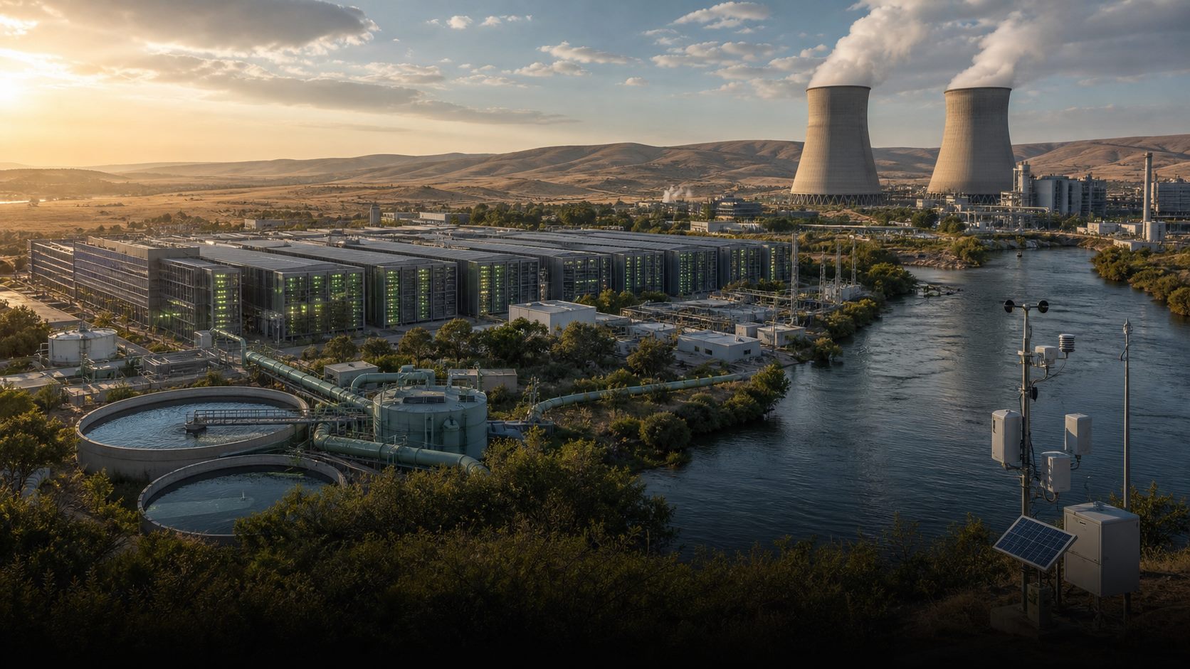 Data center cooling and water systems beside a water-stressed landscape
