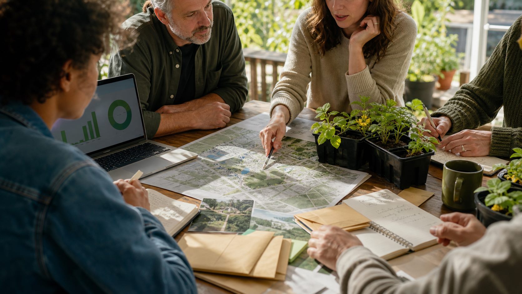 Community members planning local action around a map and seedlings
