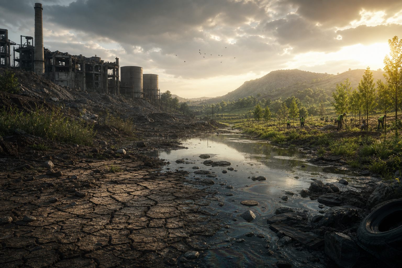 Damaged industrial land transitioning into restored green landscape