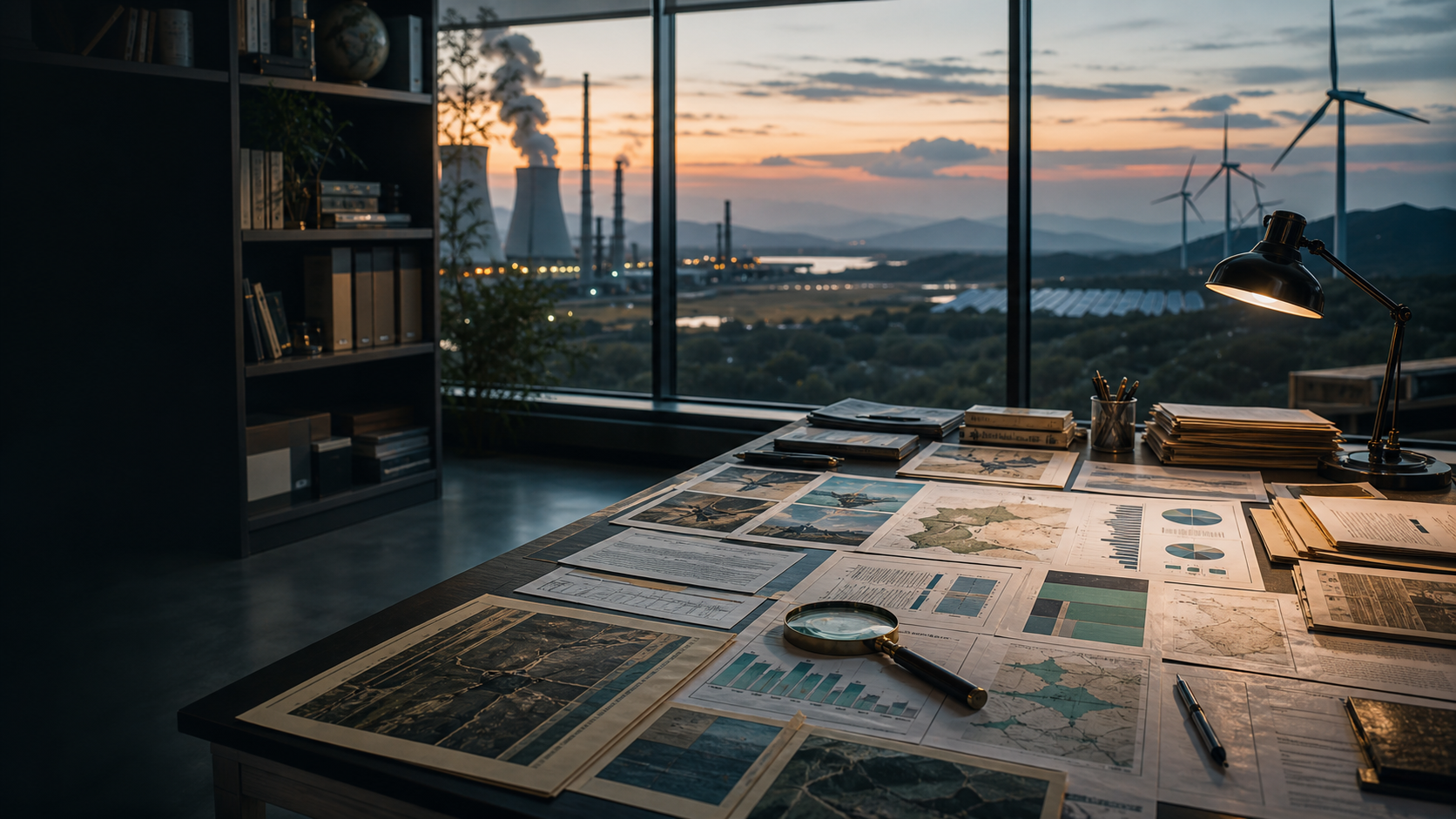 Climate research newsroom with source documents, data displays, and energy infrastructure
