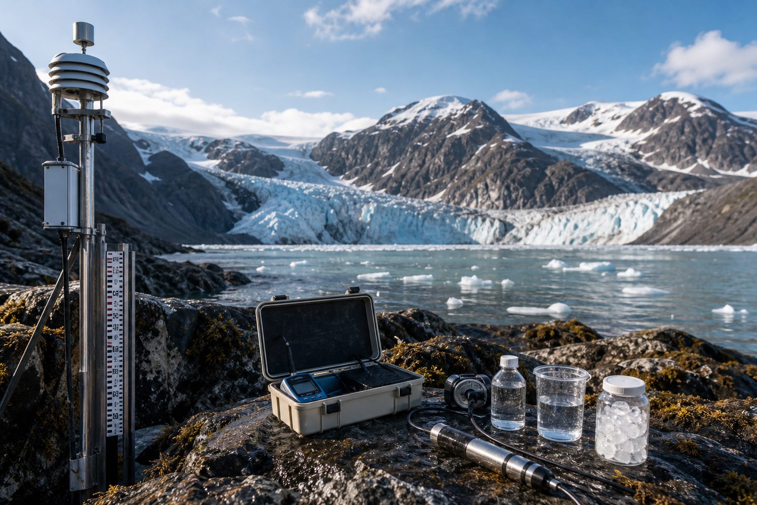 Climate research desk with charts, maps, and environmental notes