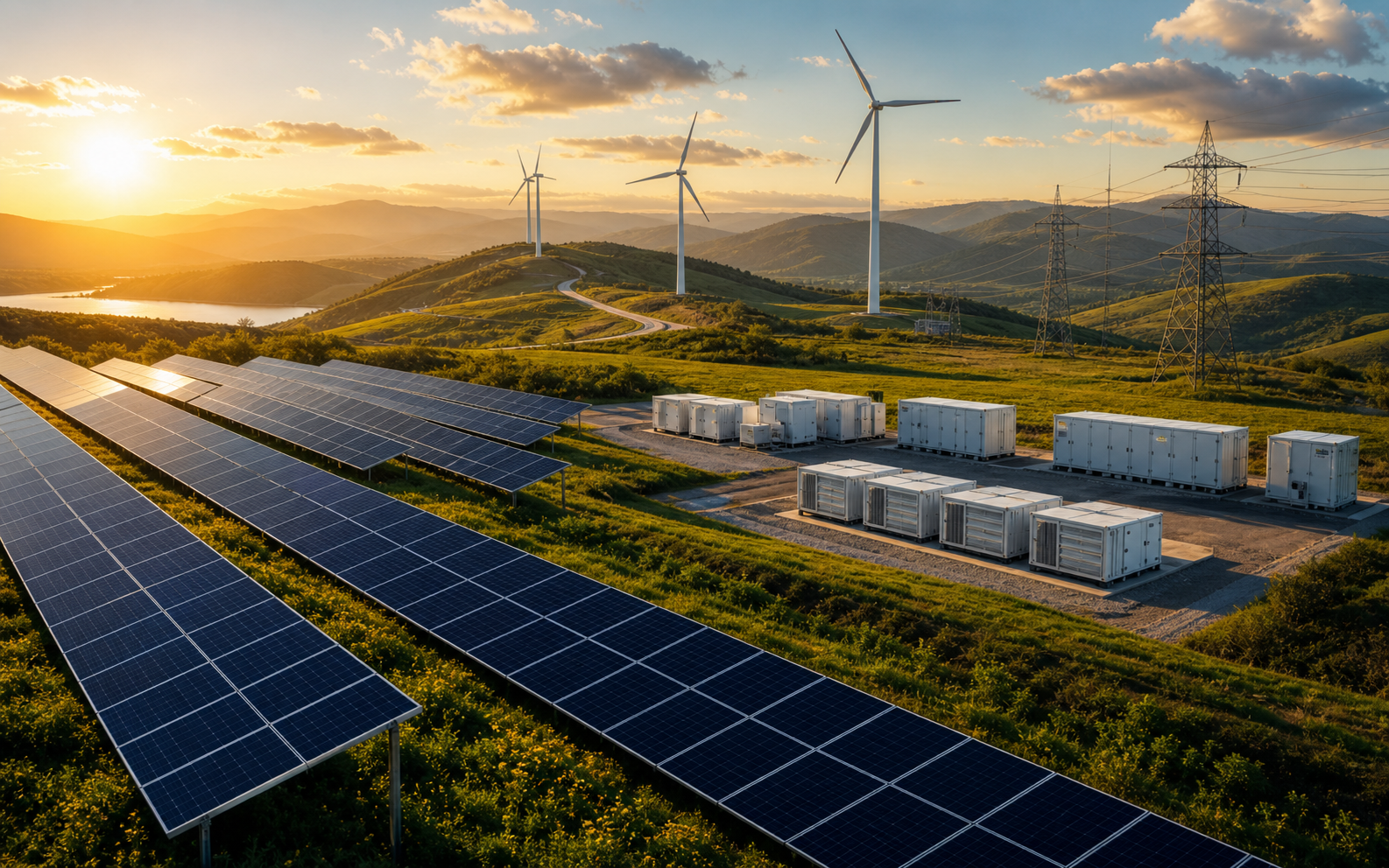Solar panels and wind turbines in a green mountain landscape