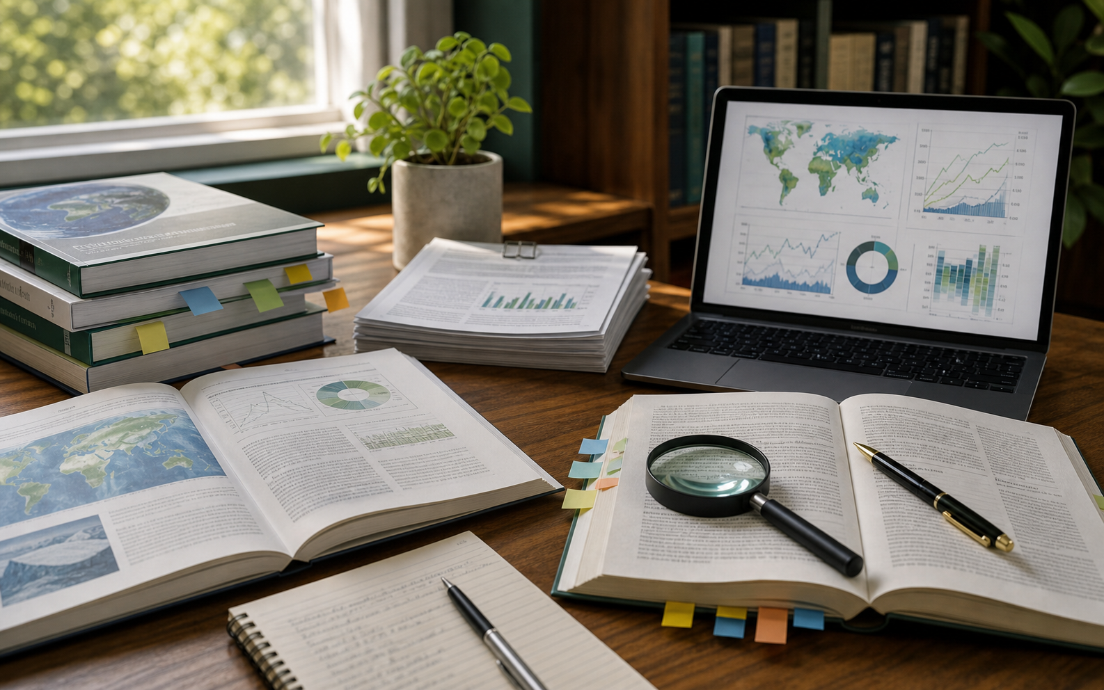 Open book and climate education materials beside a laptop