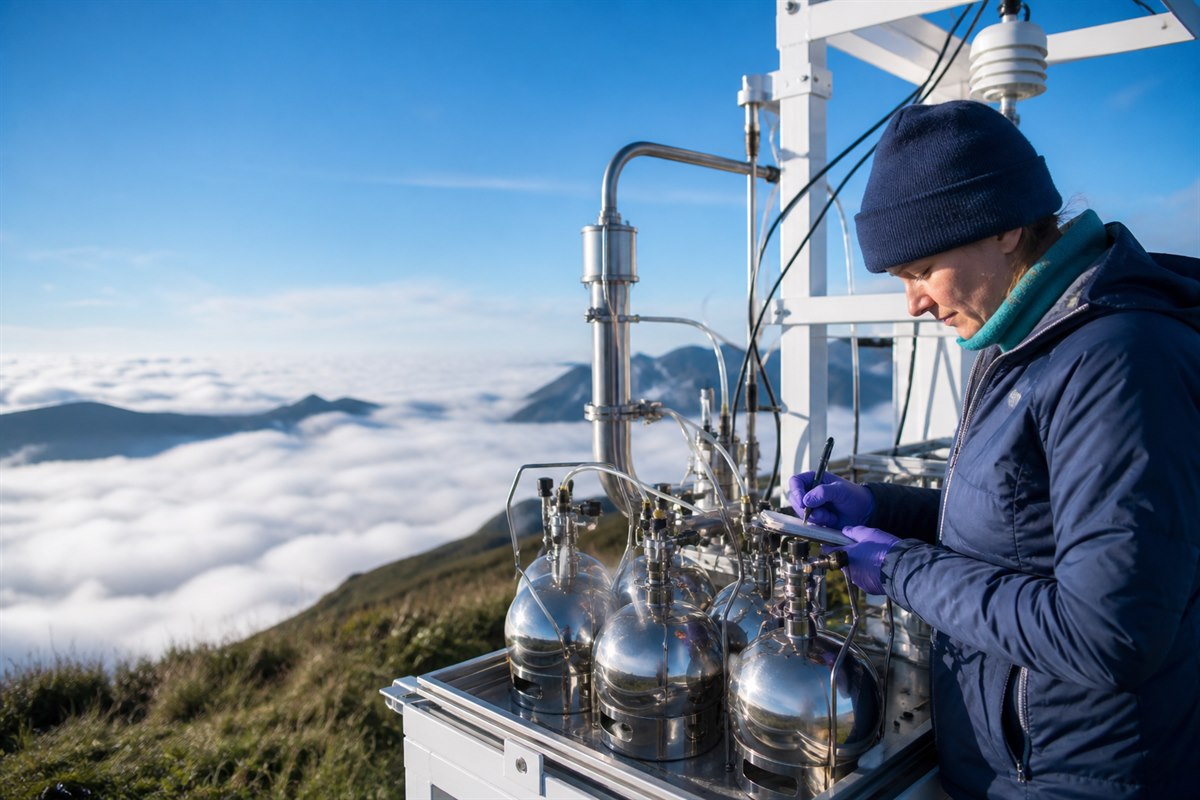Researcher collecting atmospheric samples at a high-altitude monitoring station
