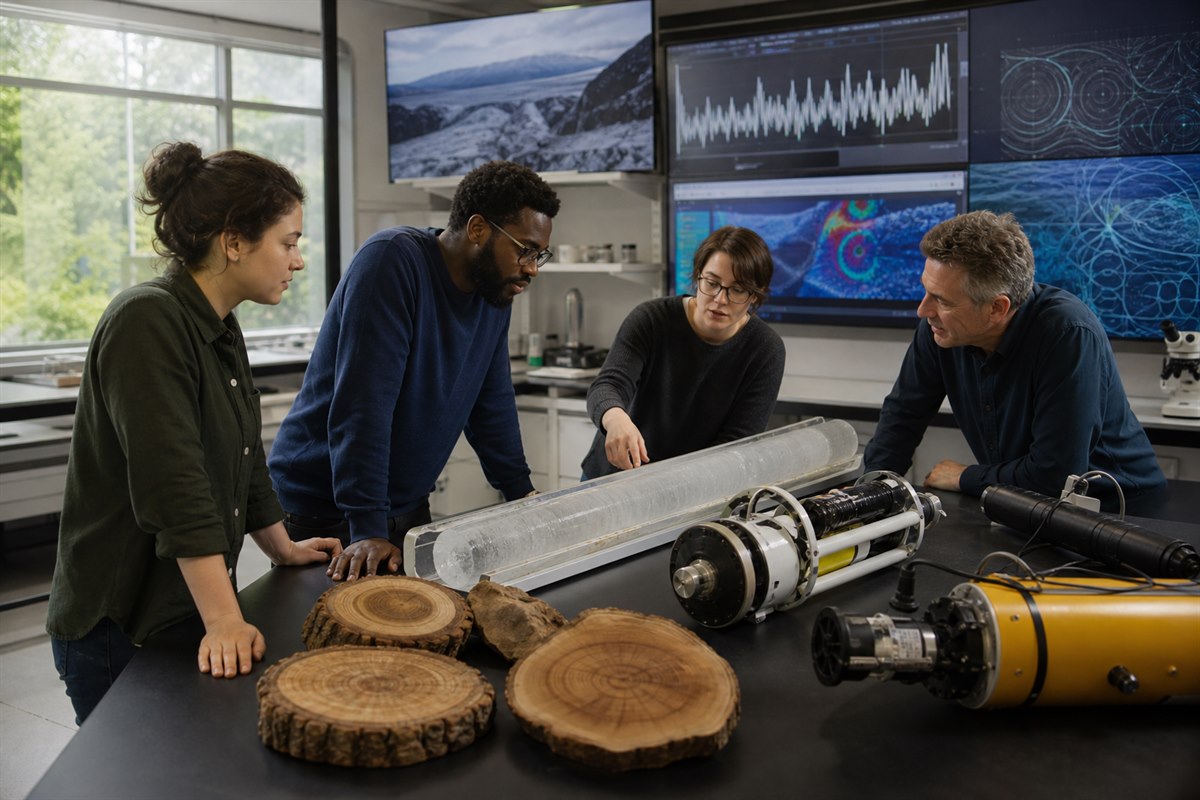Climate researchers comparing ice cores, tree rings, sensors, and data