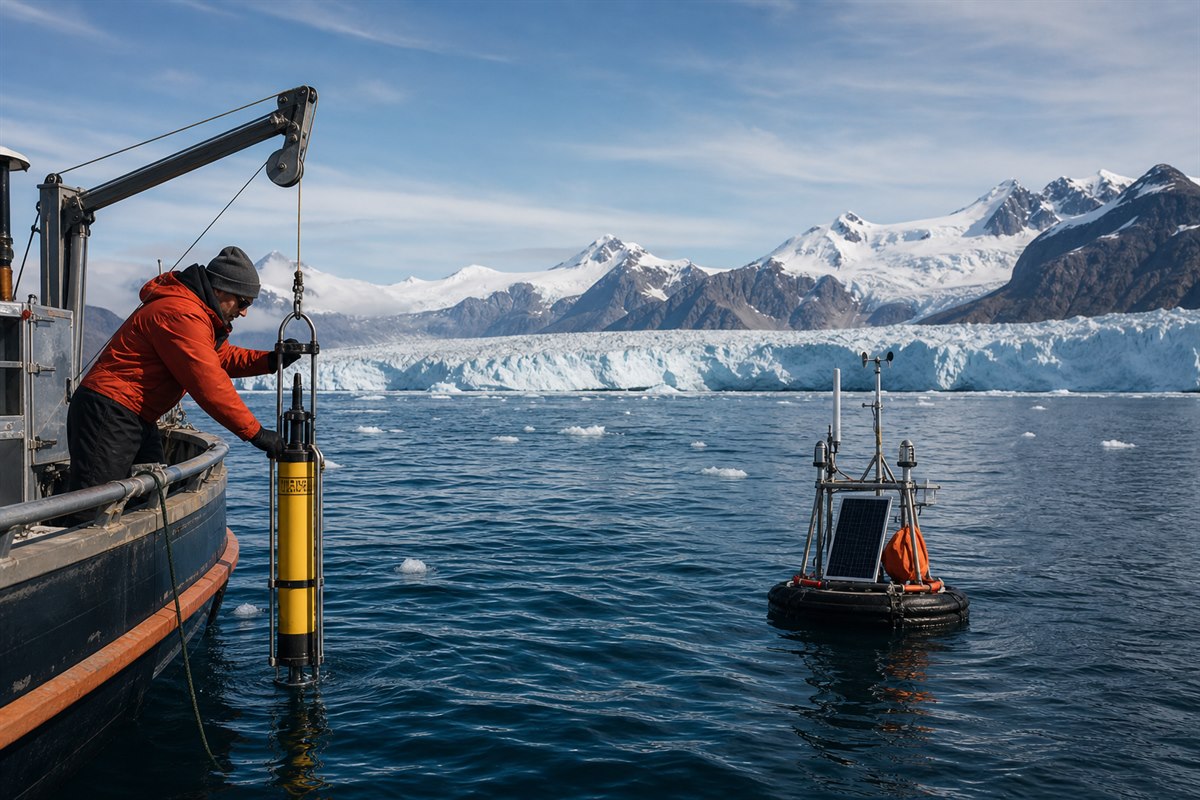 Ocean researchers servicing climate instruments near a glacier