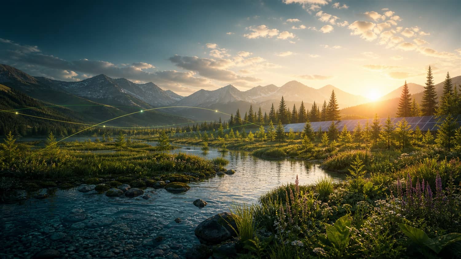 A mountain watershed, forest, and clean-energy landscape at sunrise