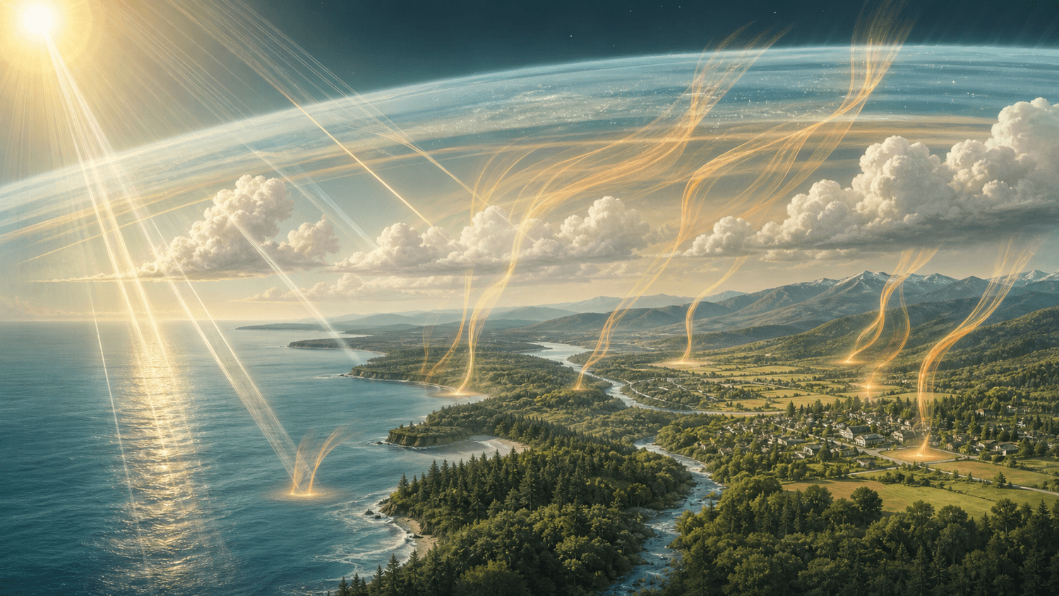 Sunlight reaches ocean, forest, farmland, and a town while warm infrared energy rises through the atmosphere