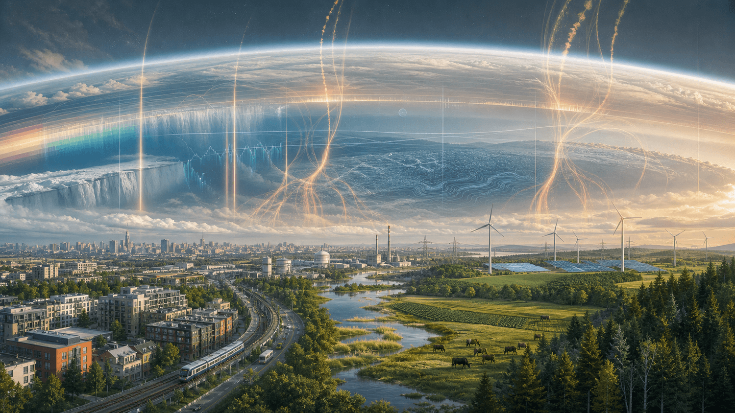 Cities, transport, industry, farms, forests, wind turbines, and solar arrays beneath a layered atmosphere