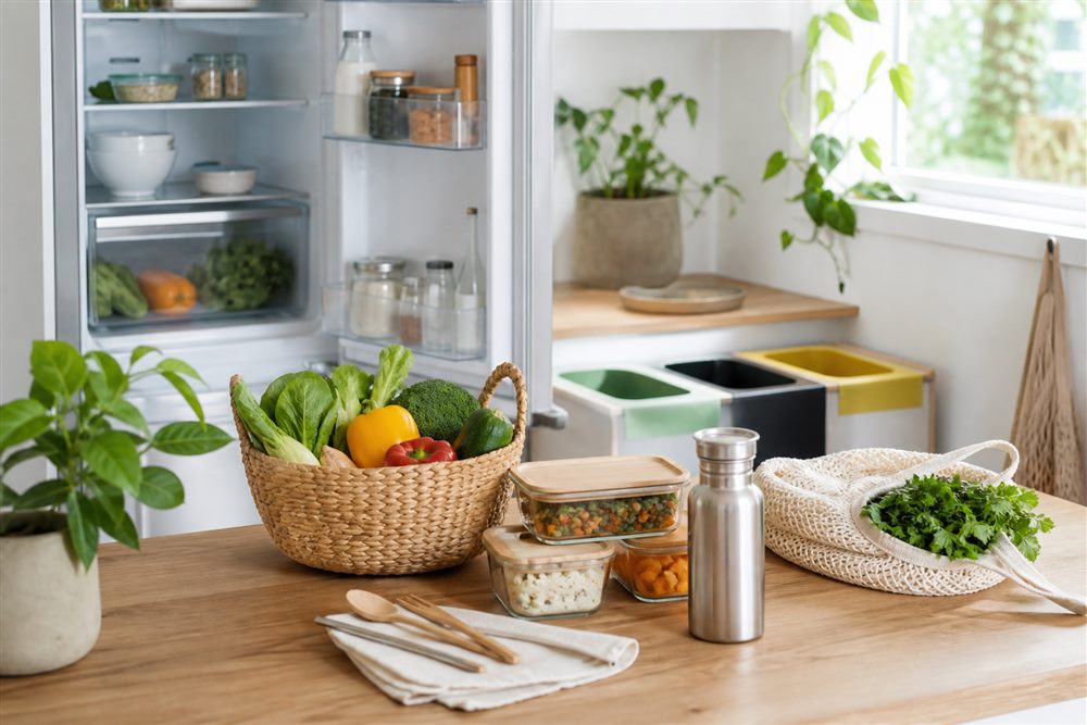 Reusable food storage, produce, grocery bags, and recycling in an everyday kitchen