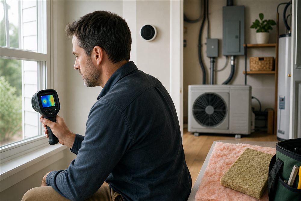 A home energy audit using a thermal camera beside efficient heating equipment