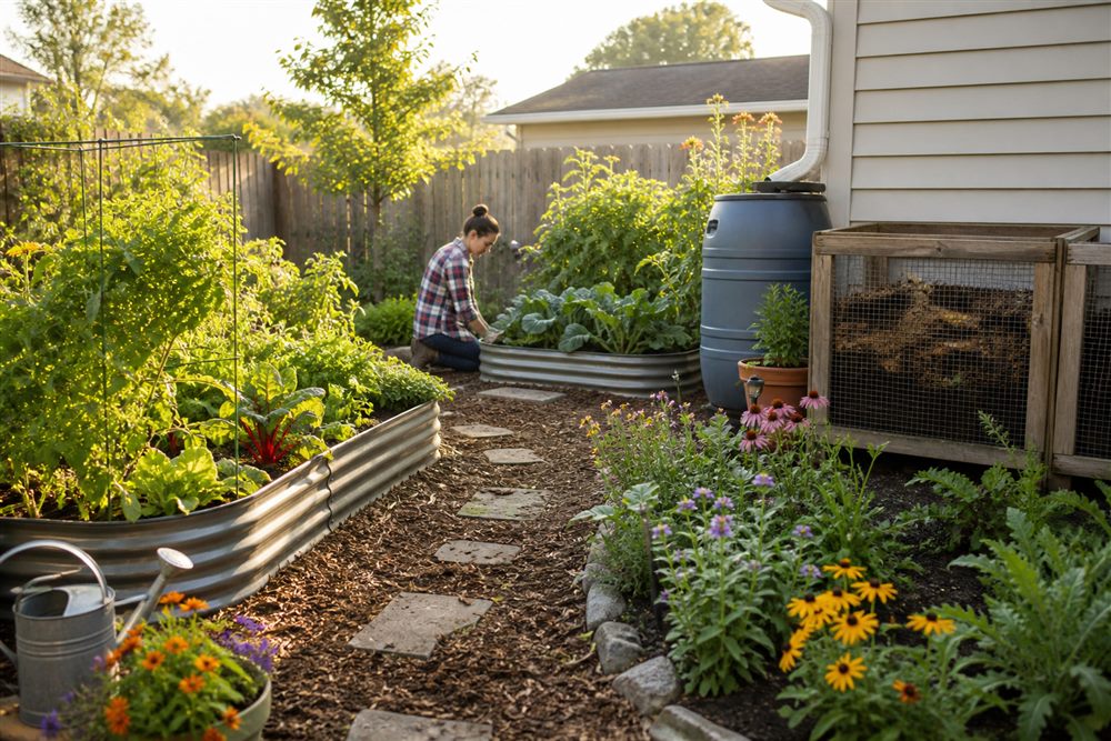 A modest yard with raised garden beds, compost, rainwater storage, and pollinator plants