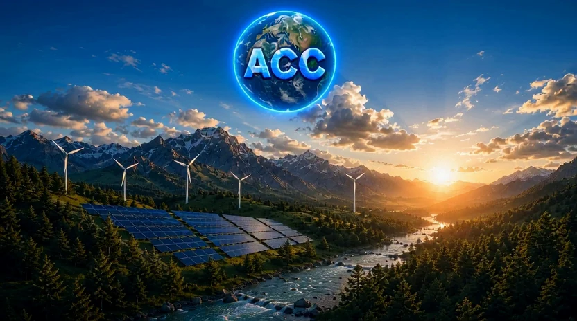 Mountain valley with renewable energy and the ACC globe logo