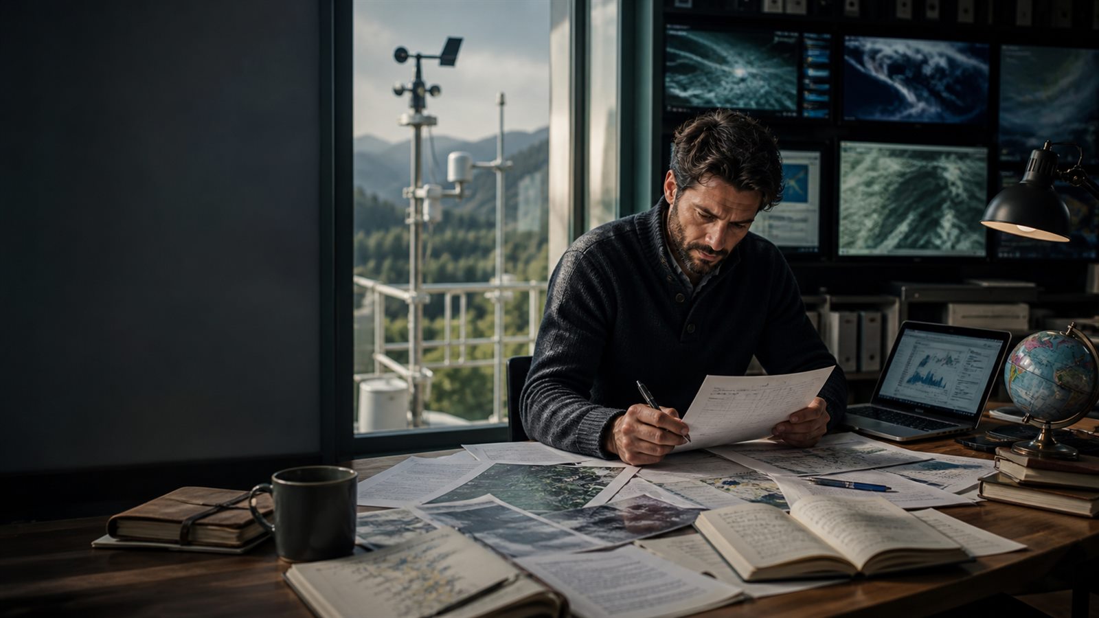 A climate editor reviewing source documents, weather observations, and maps
