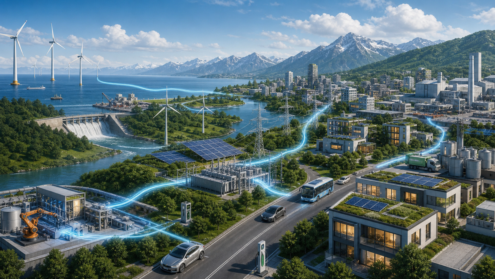 Illustrated European energy network linking power generation, buildings, transport, and industry as overall primary energy demand declines.