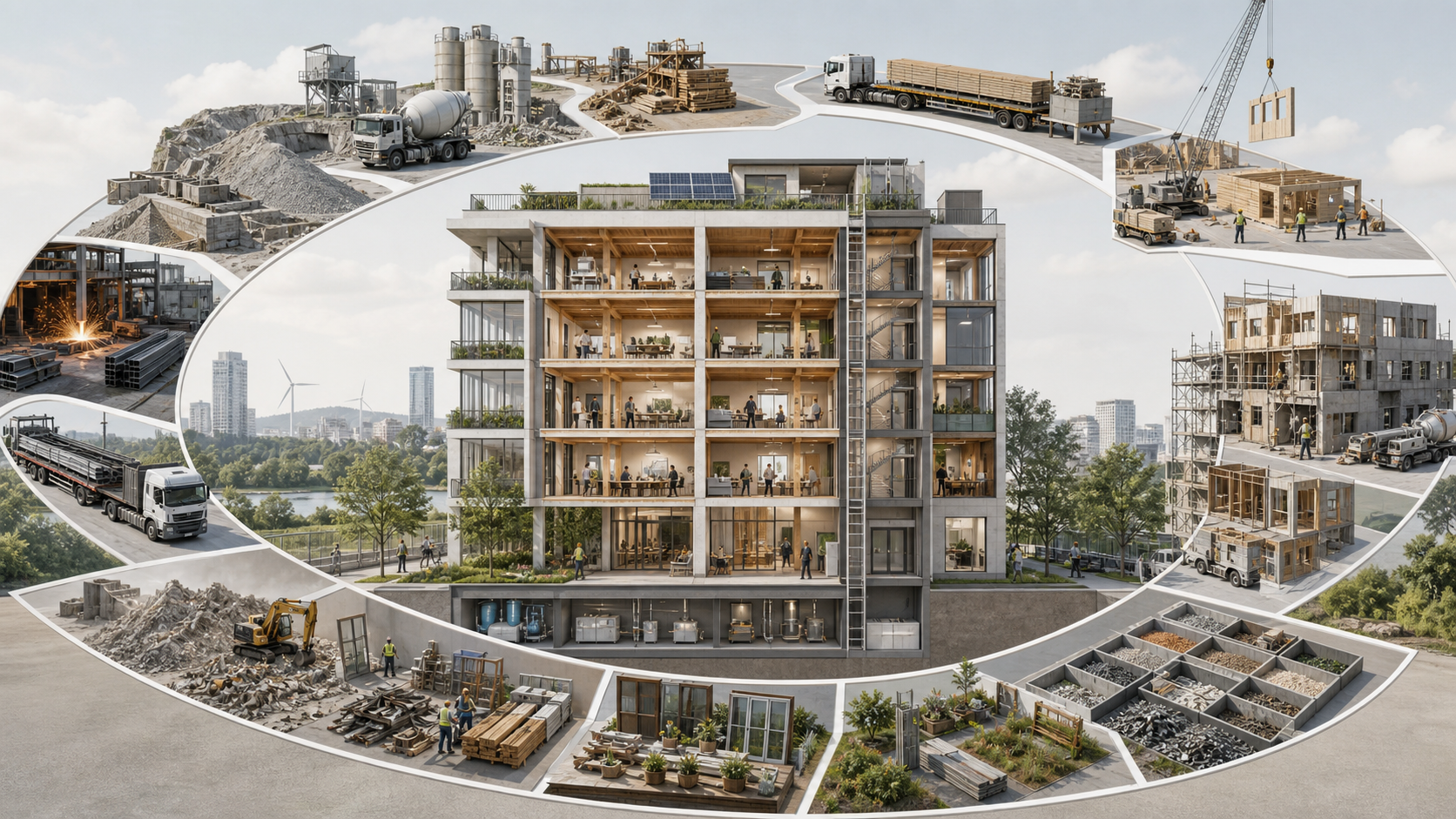 Cutaway of a new building surrounded by stages from material production and construction to operation, demolition, and reuse.