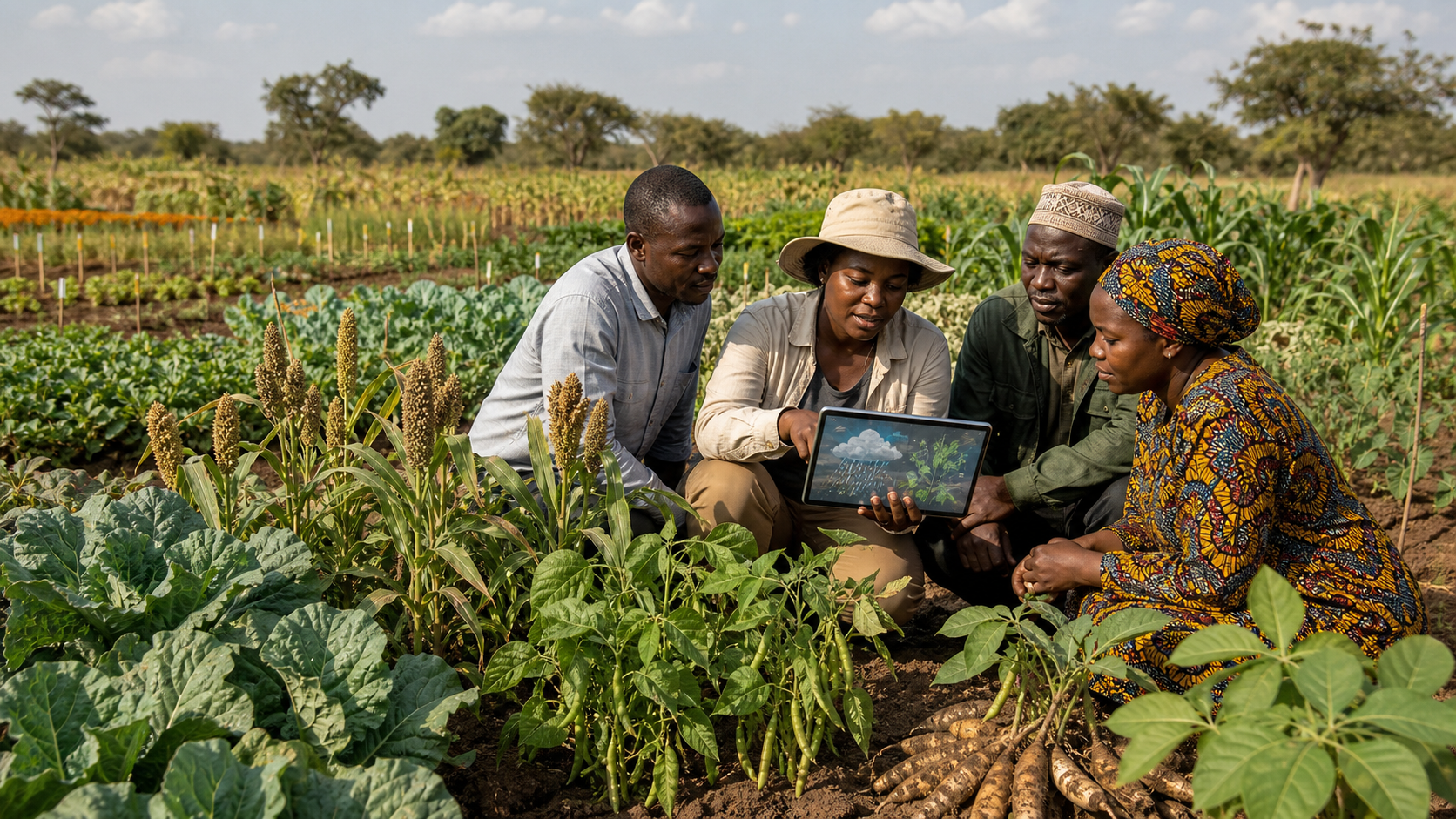 Researchers and farmers compare climate-model maps with diverse African cereal, legume, root, and vegetable crops in a field.