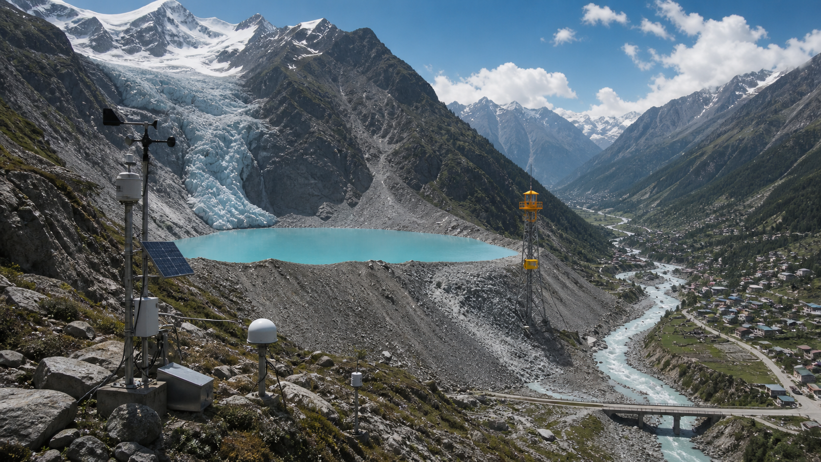 Moraine-dammed glacial lake monitored above a downstream mountain community, bridge, and early-warning system.