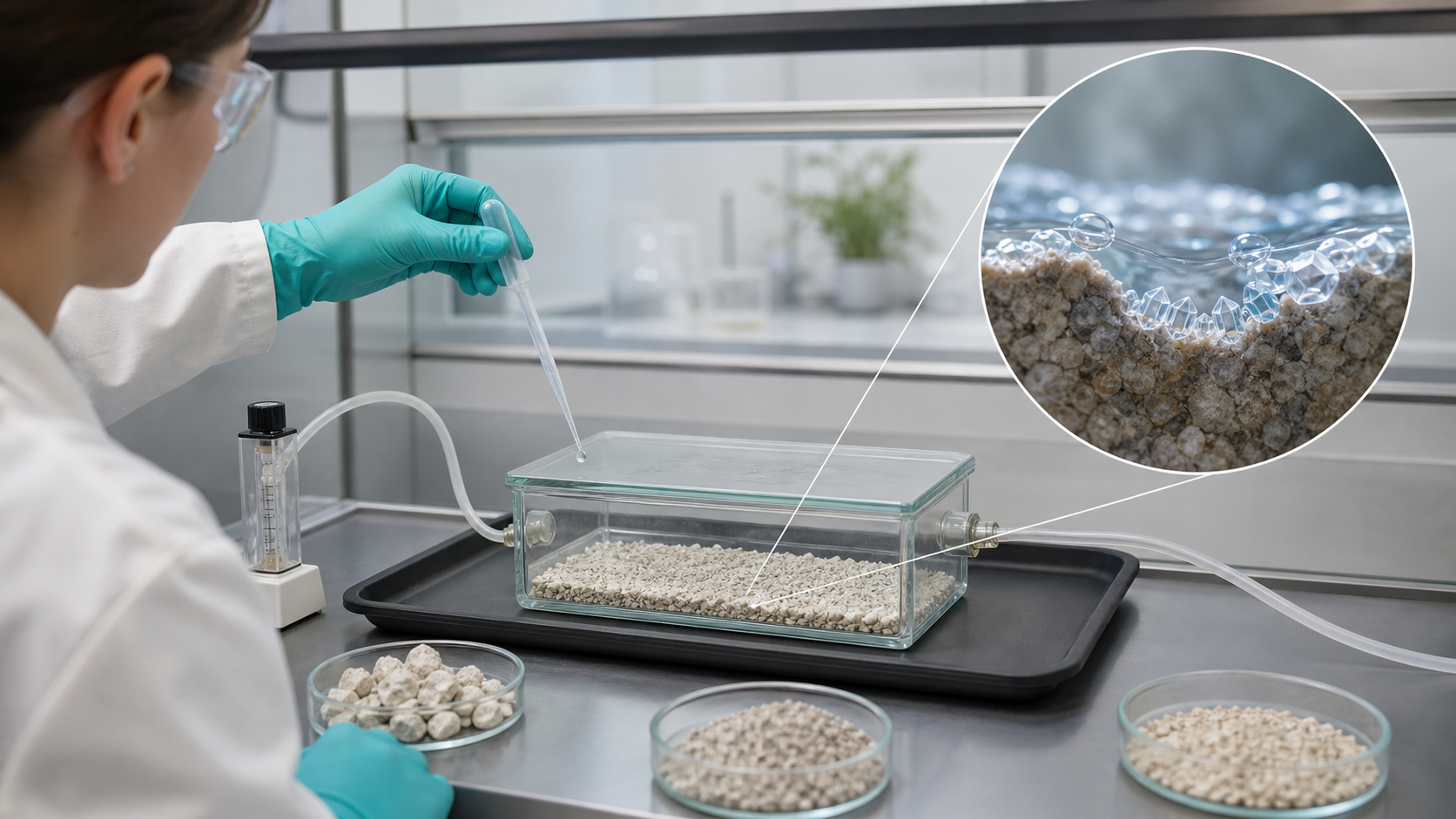 A researcher adds moisture to a shallow ambient-pressure mineral flow chamber while an inset shows crystals forming along a thin water film.