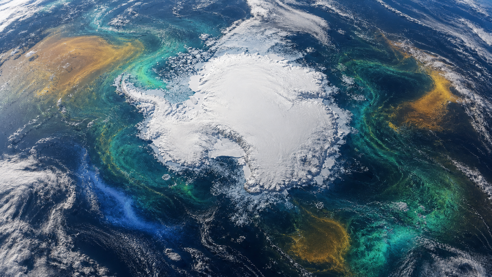 Antarctica is surrounded by distinct warm, cold, phytoplankton-rich, and phytoplankton-sparse ocean patches, illustrating different regional observations.