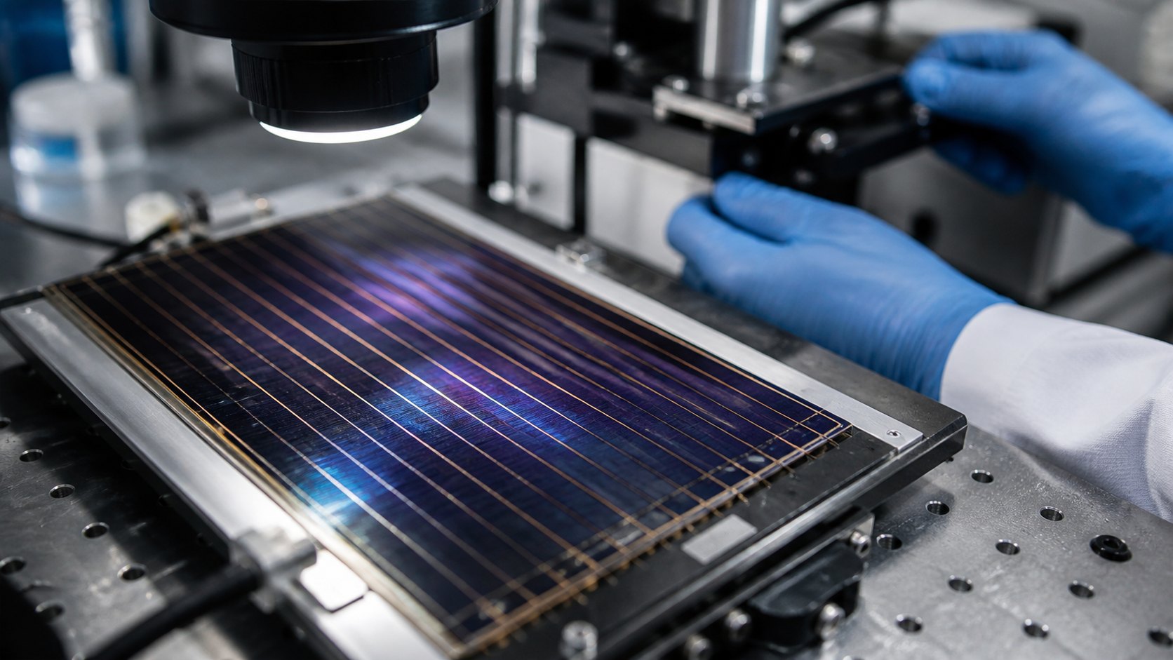 A research-scale iridescent perovskite solar module with fine laser-scribed lines under laboratory inspection.