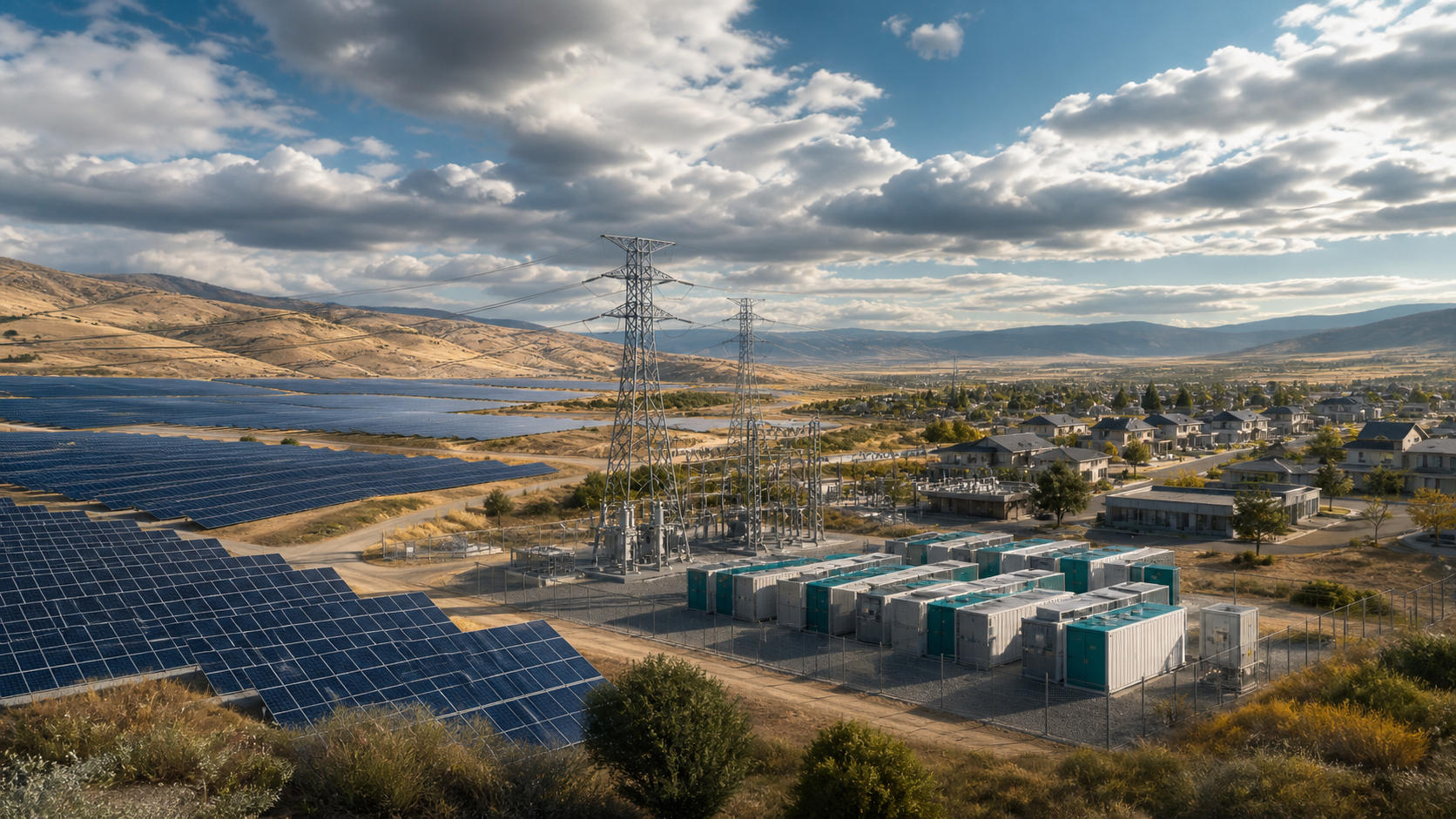 Solar farms under broad variable cloud patterns connect to batteries, transmission lines, and flexible electricity demand.