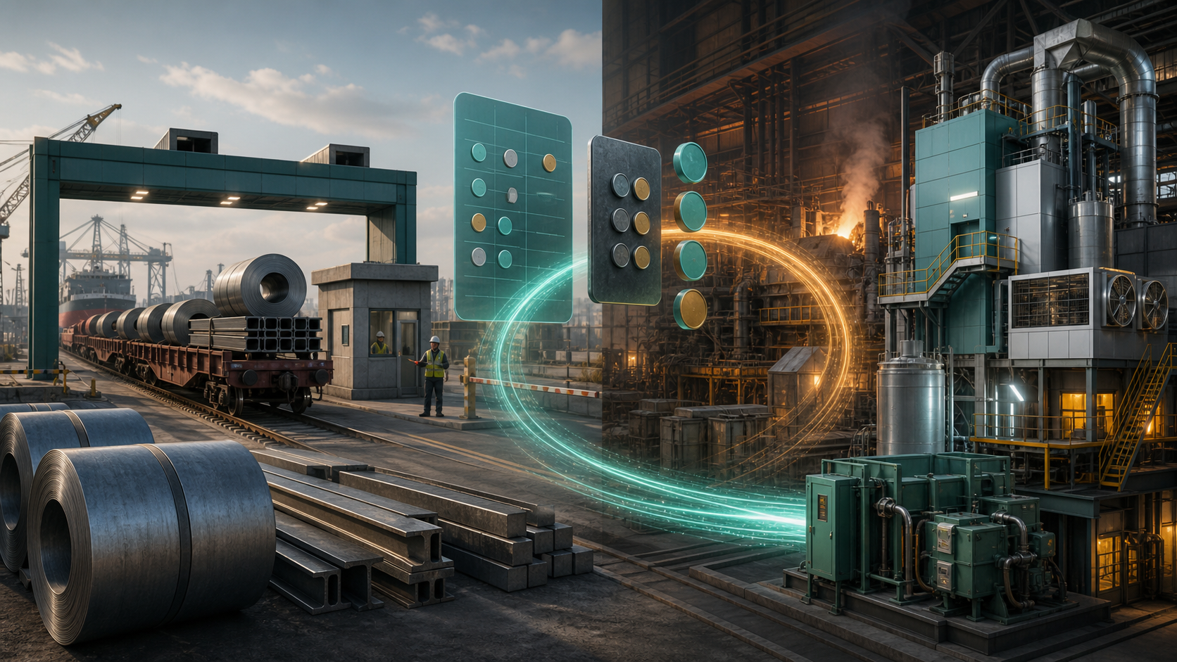 Steel products cross a conceptual border as a carbon-accounting loop directs funds toward industrial retrofits.