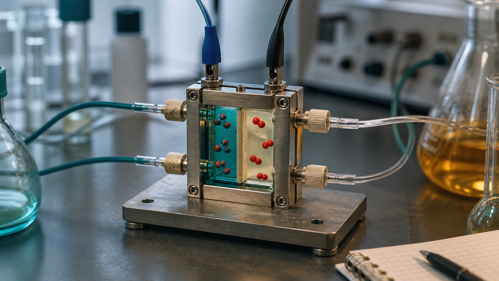 A small benchtop electrochemical flow cell uses a selective membrane to separate carbon dioxide from oxygen.