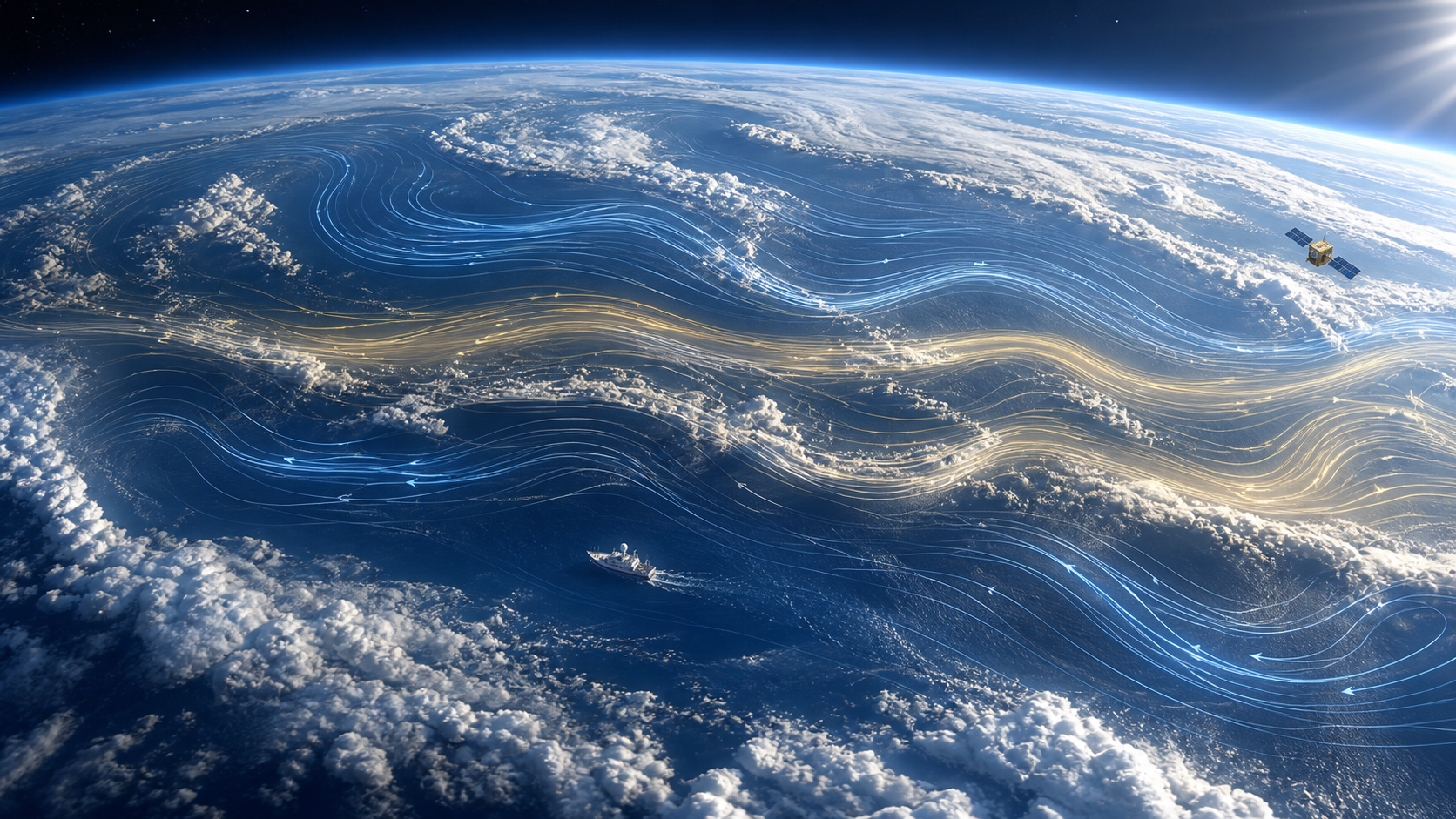 Conceptual ocean-surface wind bands curve across the tropical and subtropical oceans beneath a research satellite.