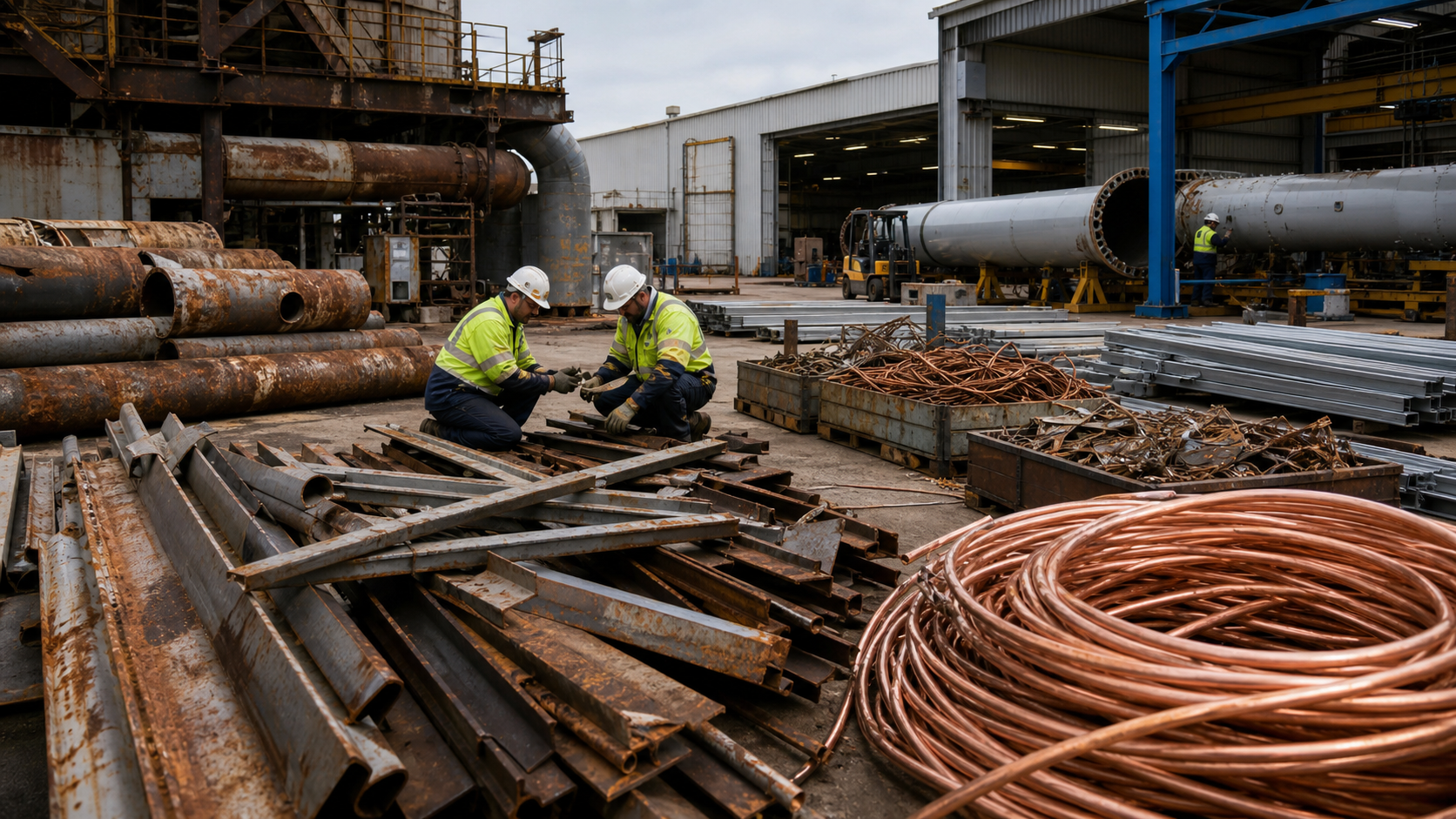 Workers sort retired steel pipe, structural metal, and copper at an industrial recovery yard.
