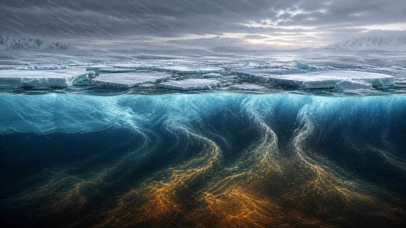 Cutaway illustration of Antarctic winter sea ice above a cold upper-ocean layer, with wind and warmer deep water circulating upward below.