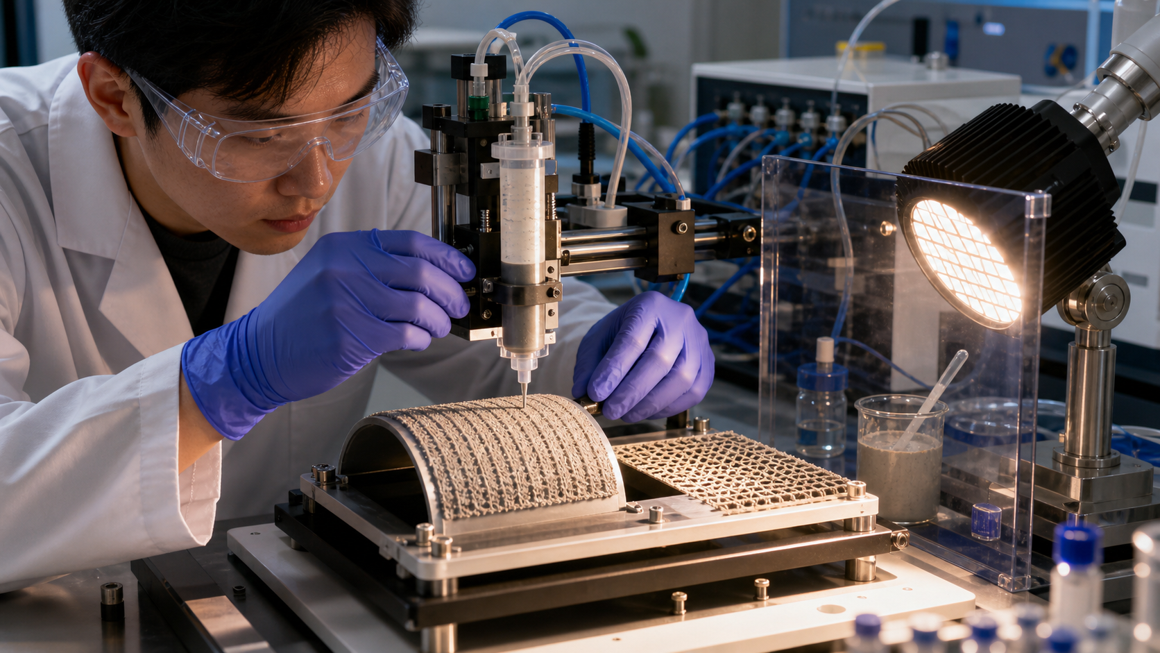 A laboratory researcher prints a porous catalyst coating onto curved and grid supports beside a bench-scale solar simulator.