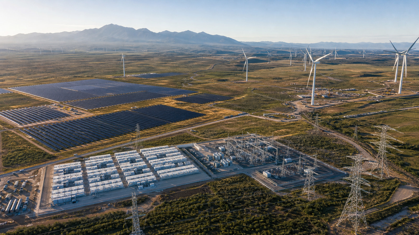 Large solar and wind installations connect to expanding transmission infrastructure across multiple landscapes.