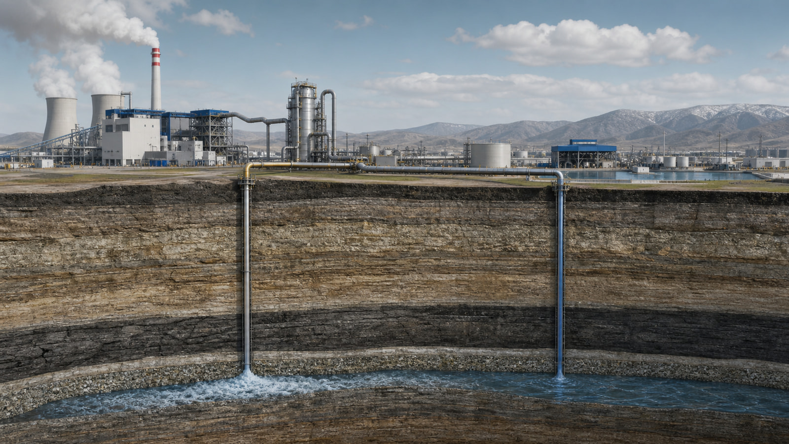 Engineers monitor a carbon-storage injection site and adjacent water-recovery equipment in an industrial landscape.