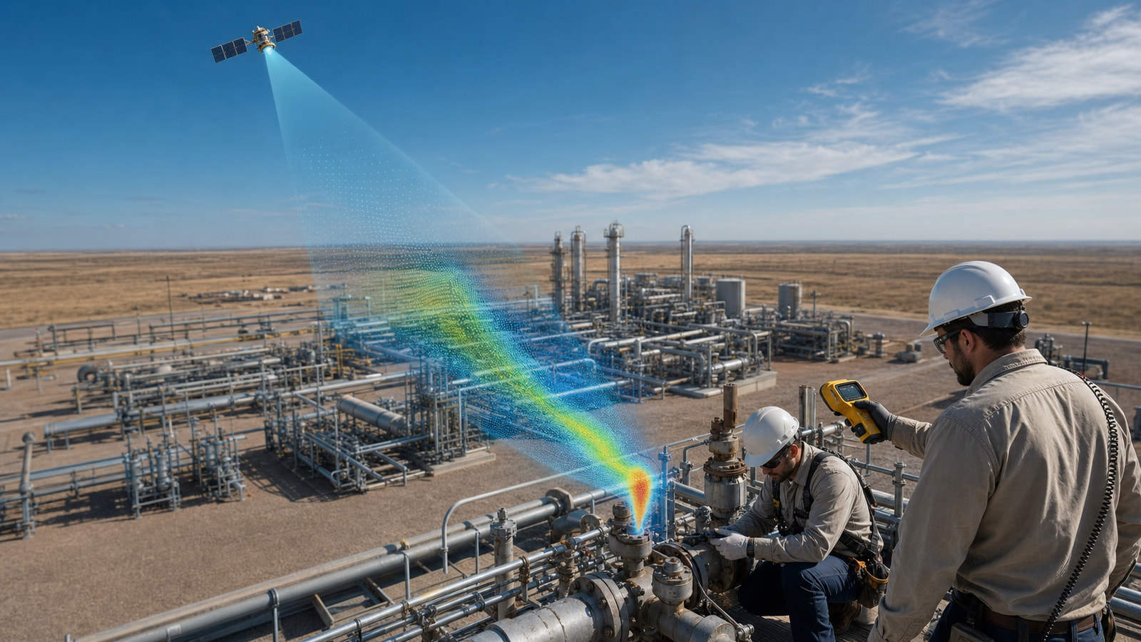 An Earth-observation satellite identifies a methane plume while a ground crew inspects industrial equipment below.