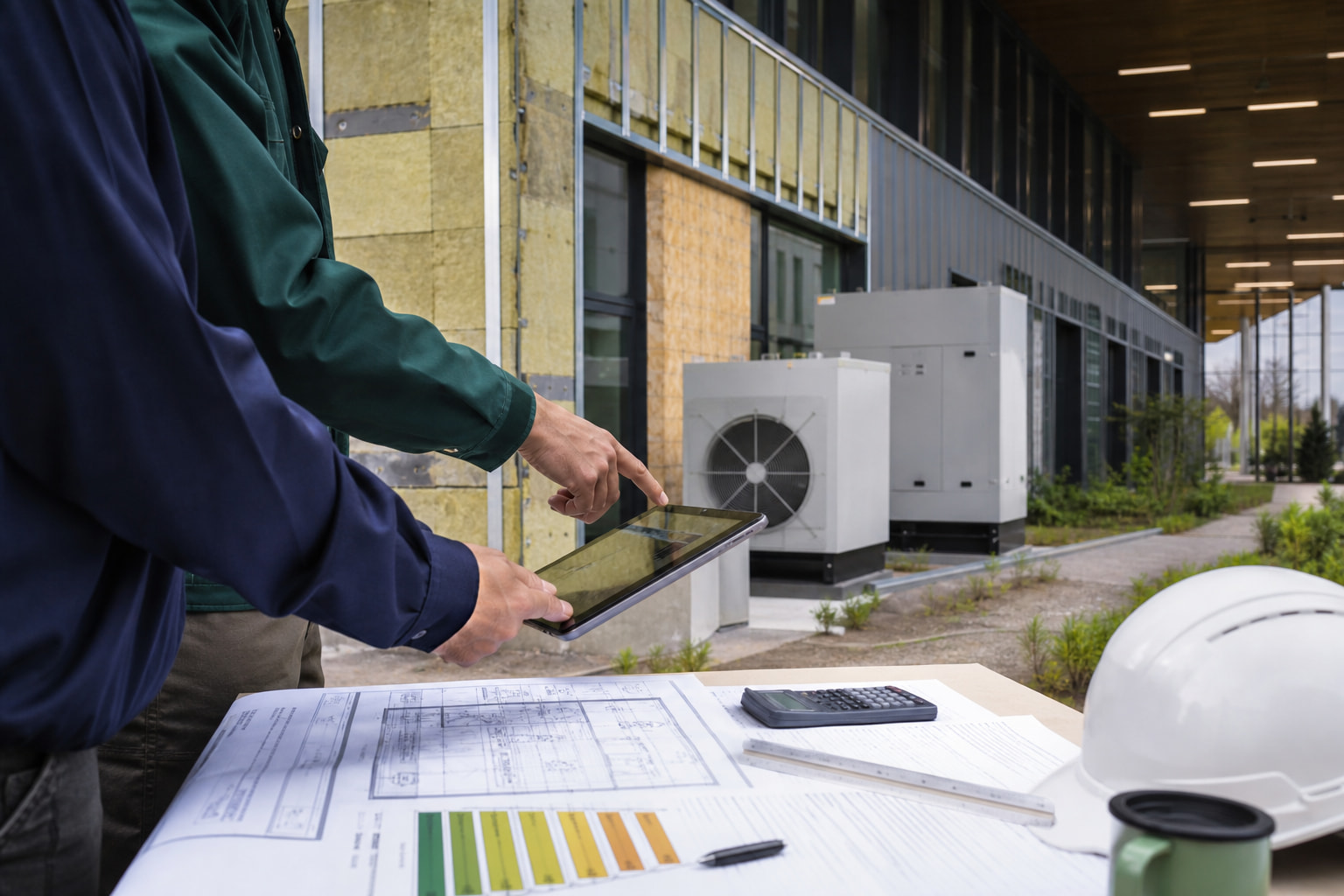Building-efficiency workers review plans beside heat-pump equipment and insulation panels.