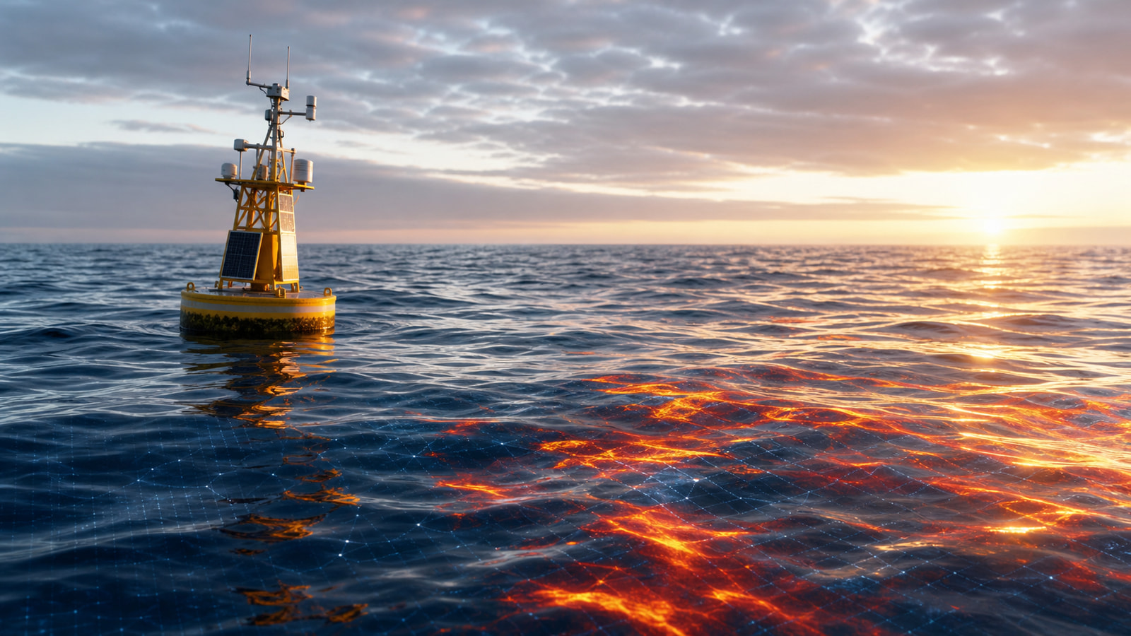 Scientific buoy floats on a warm ocean surface with subtle heat-data glow across the waves.