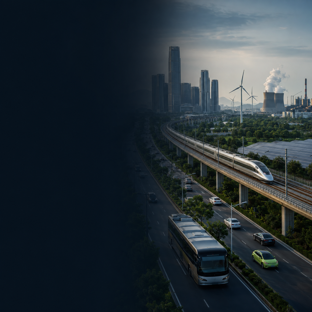 Electric transport, city rail, industrial stacks, and a power grid illustrate competing pressures on China's emissions.