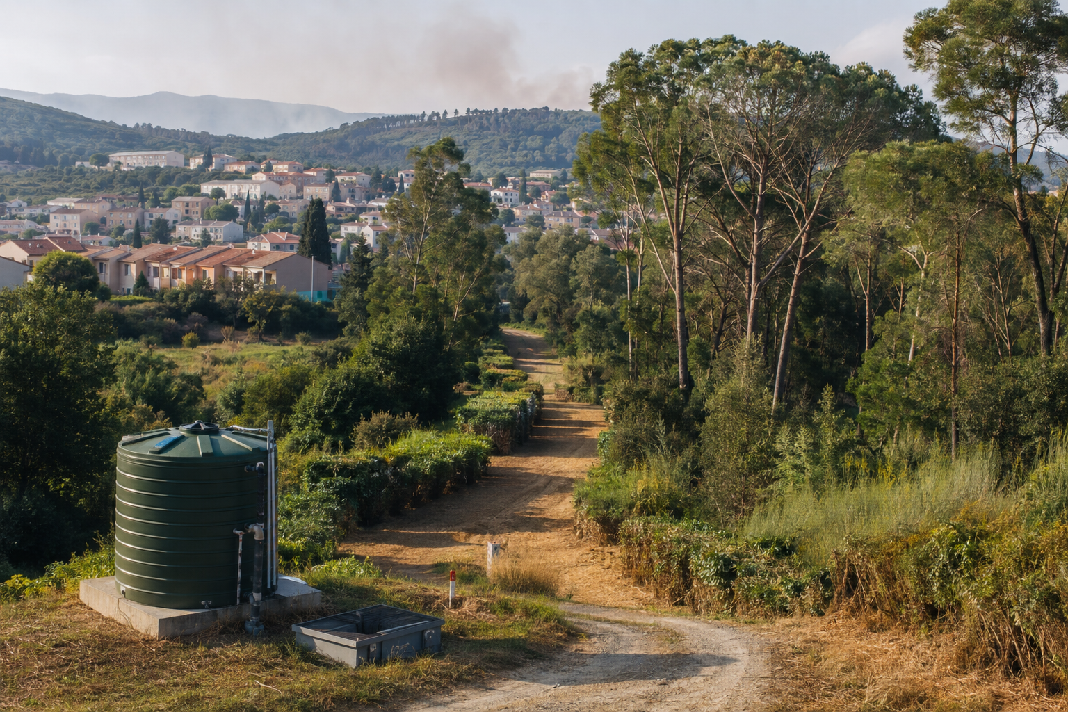 A green European town edge uses a maintained vegetation buffer, access track, and water storage for wildfire preparedness.