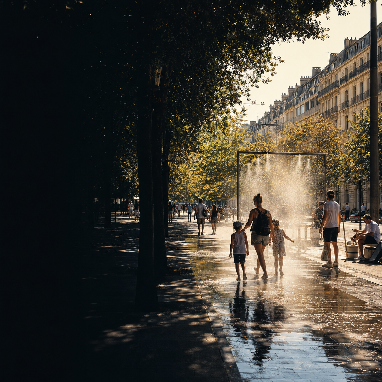 People seek shade and cooling along a French boulevard during intense summer heat.