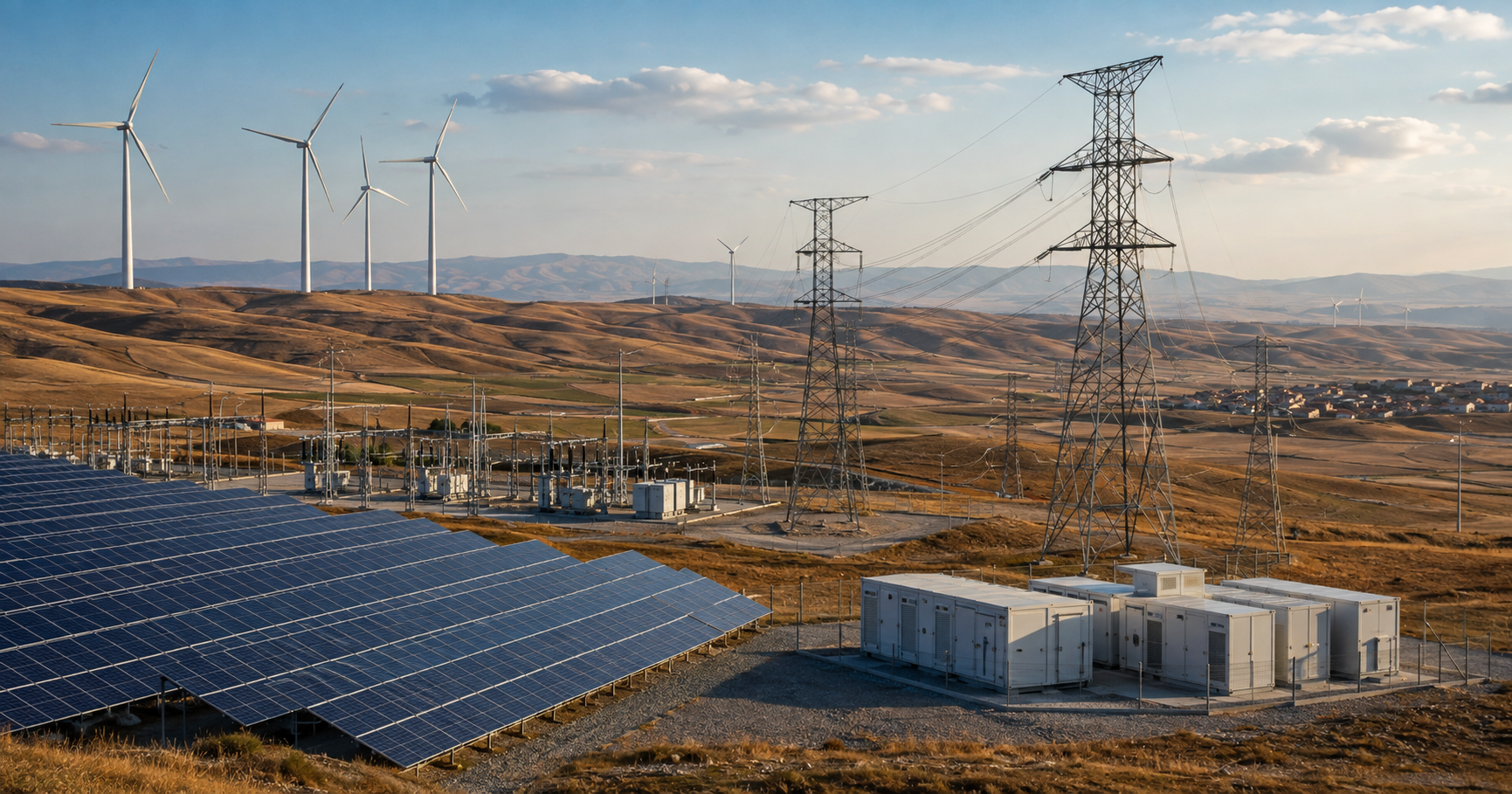 Wind turbines, solar panels, battery storage, and transmission lines connect across the Anatolian plateau.