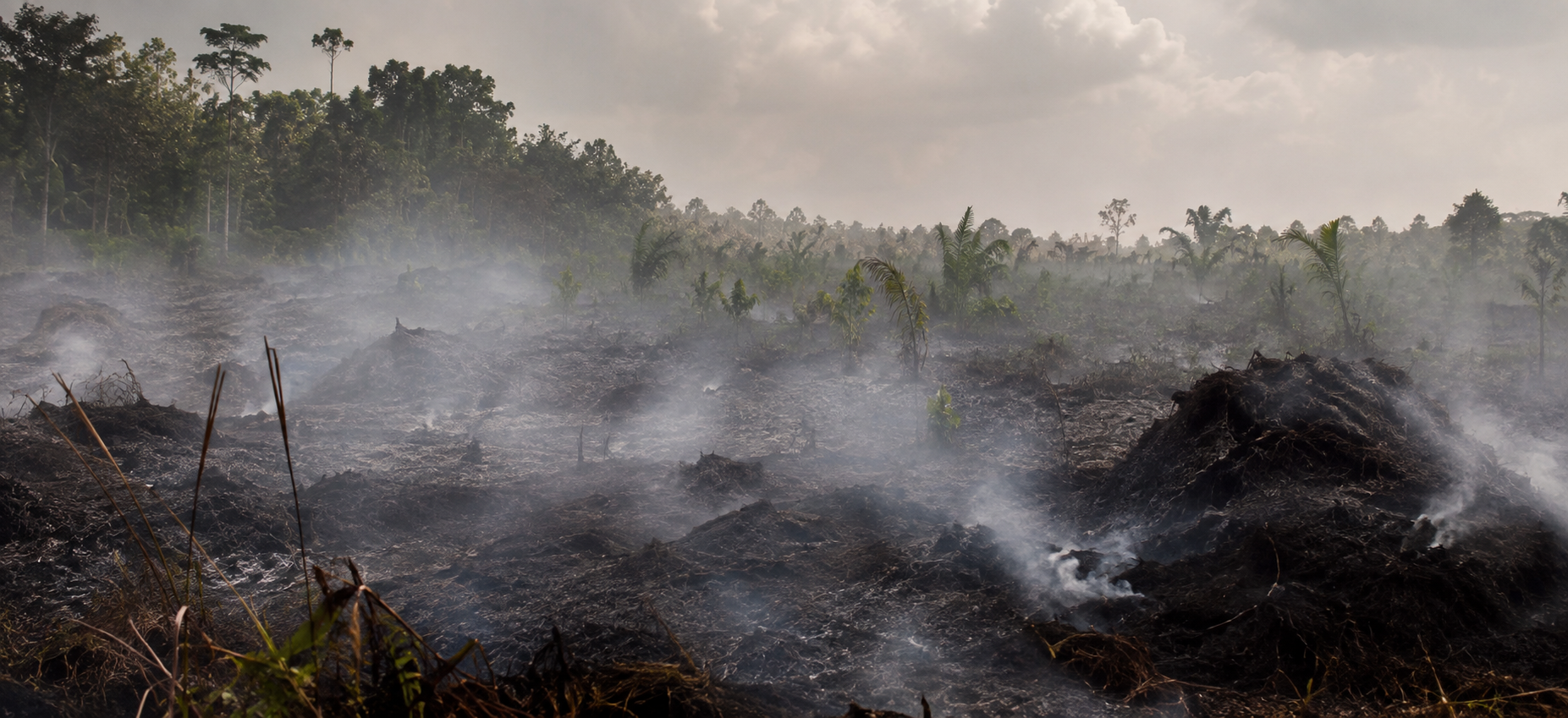 Low smoke rises from smoldering tropical peat at the edge of an Indonesian forest landscape.