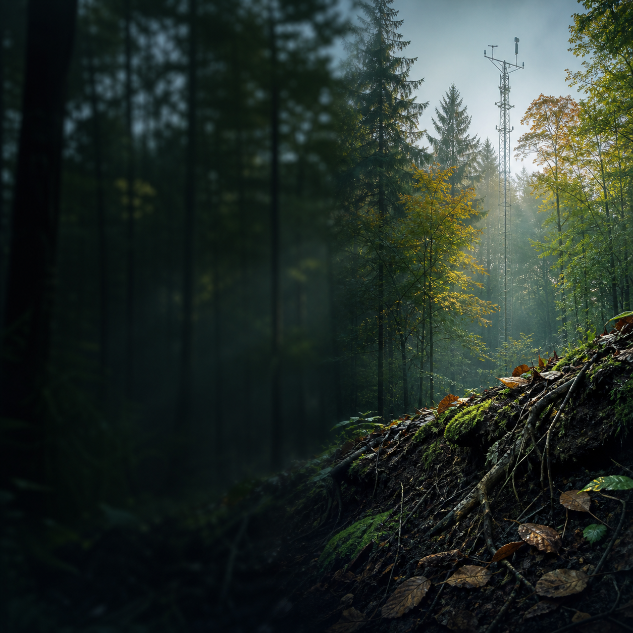 A forest landscape with seasonal growth and atmospheric carbon exchange illustrated through light and drifting particles.