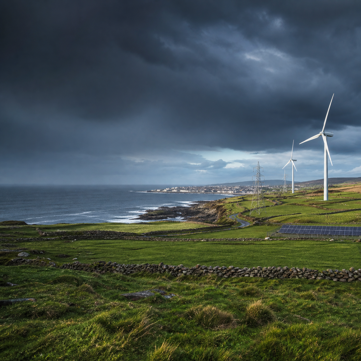 Wind turbines and electricity infrastructure cross a green Northern Ireland landscape.