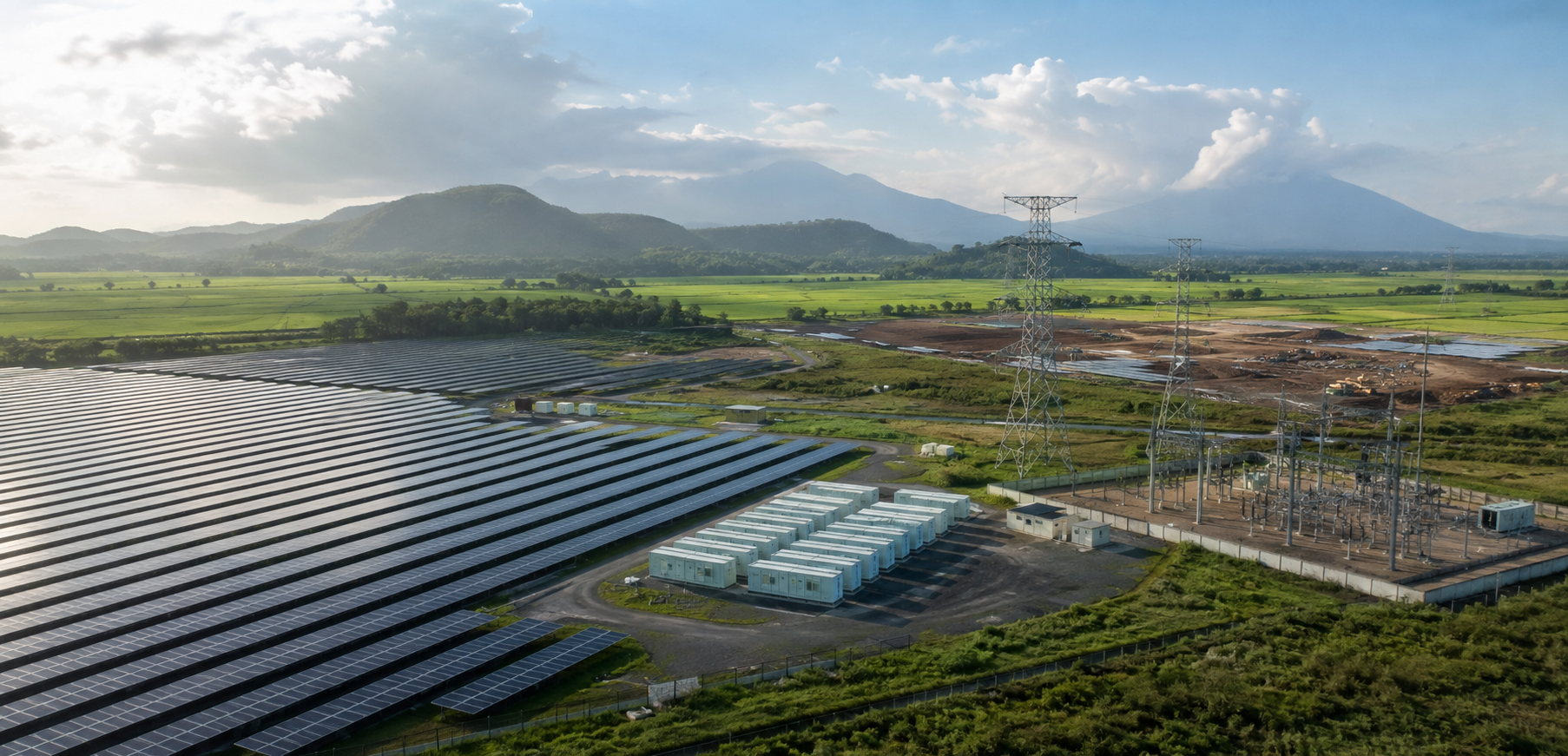 A large Philippine solar field connects to battery containers and a substation, with construction continuing at the far edge.